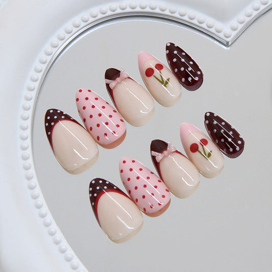 Sweet Dessert Inspired Long Almond Pink and Brown Nail Set with Charming Cherry and Bow Designs