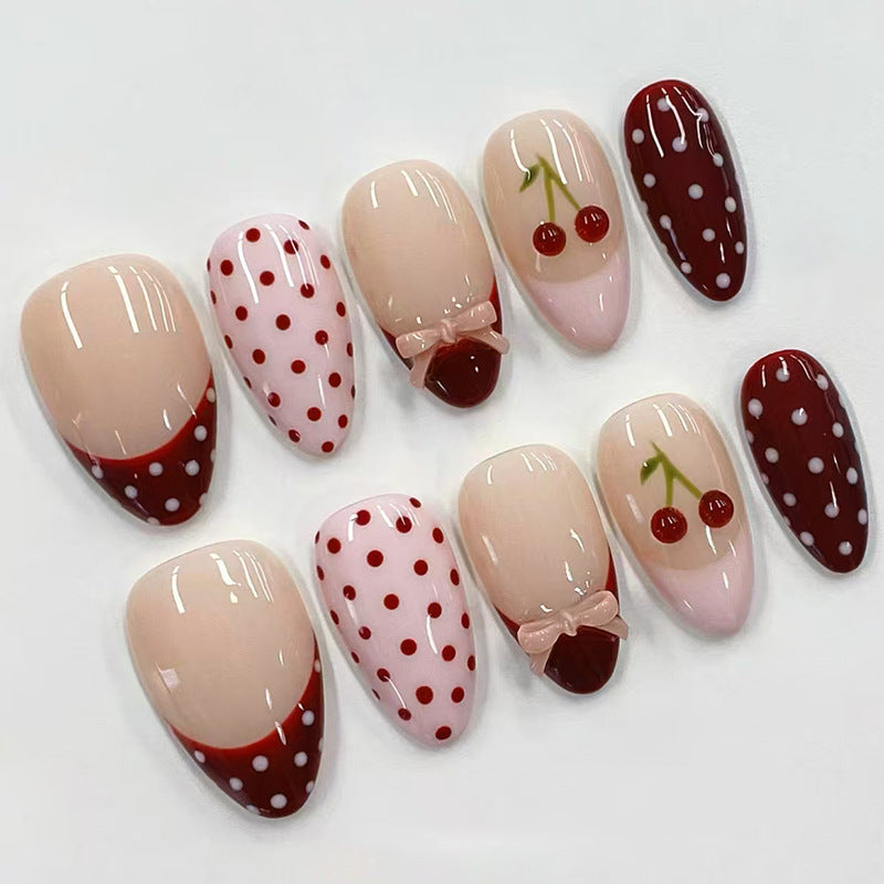 Charming Cherry Delight Long Almond Red and Pink Polka Dot Design with Bow Accent Press On Nail Set