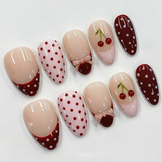 Charming Cherry Delight Long Almond Red and Pink Polka Dot Design with Bow Accent Press On Nail Set