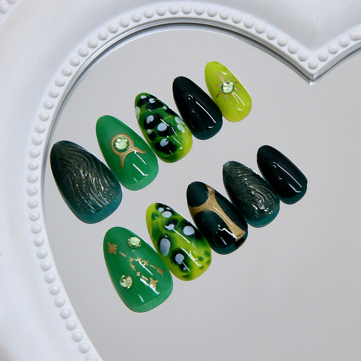 Enchanted Forest Emerald Green Long Almond-Shaped Press-On Nail Set Featuring Unique Gemstone Accents
