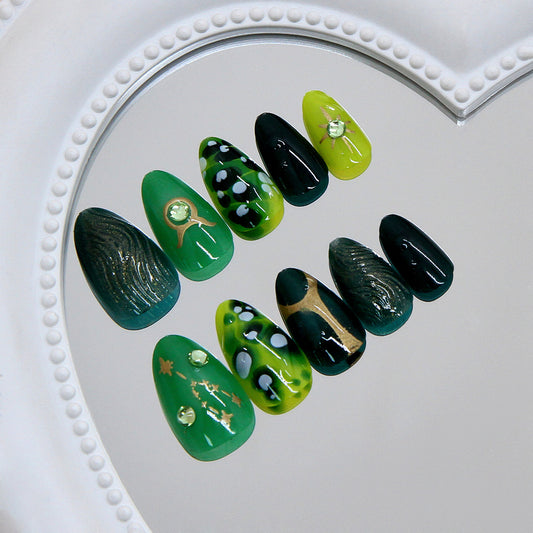 Enchanted Forest Emerald Green Long Almond-Shaped Press-On Nail Set Featuring Unique Gemstone Accents