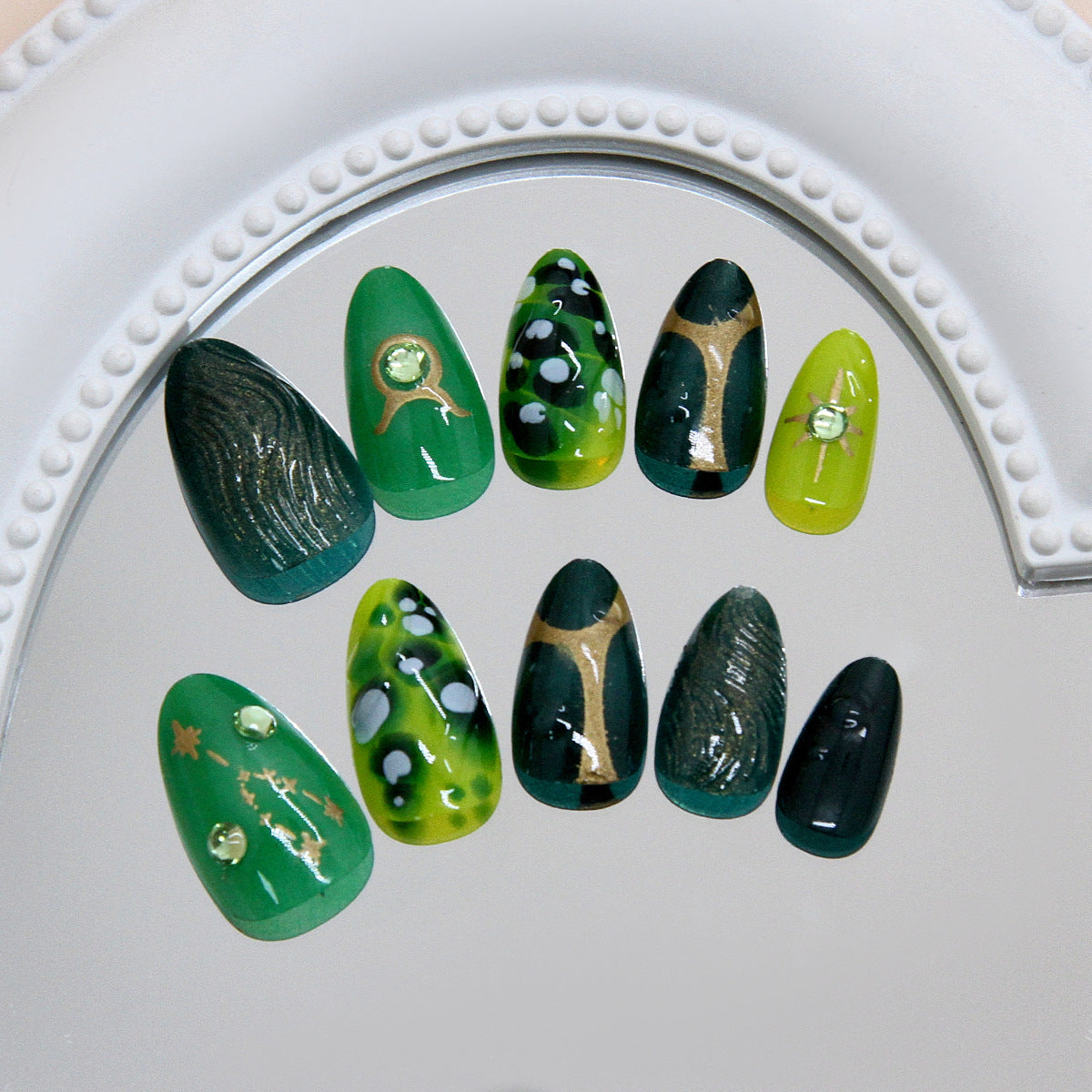 Enchanted Forest Long Almond Green Gradient with Elegant Gemstone Accents Press On Nail Set