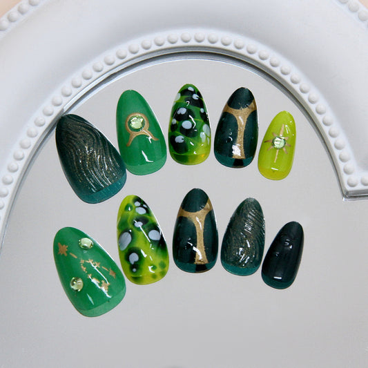 Enchanted Forest Long Almond Green Gradient with Elegant Gemstone Accents Press On Nail Set