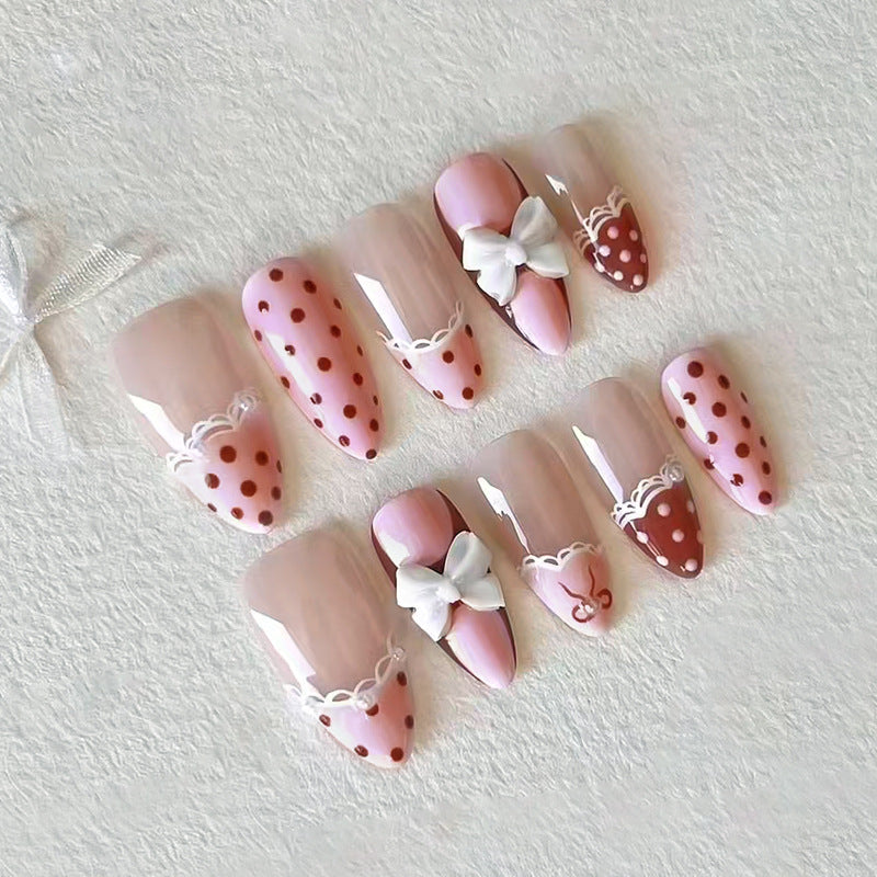 Sweet Romance Long Almond Pink and Brown Nail Set with Charming Bow Accents