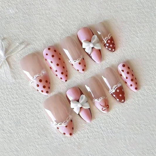 Sweet Romance Long Almond Pink and Brown Nail Set with Charming Bow Accents