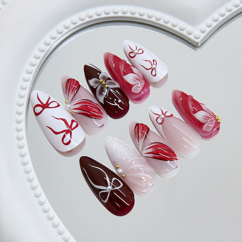 Romantic Elegance Long Almond Red and Pink Floral Press-On Nail Set with Artistic Design