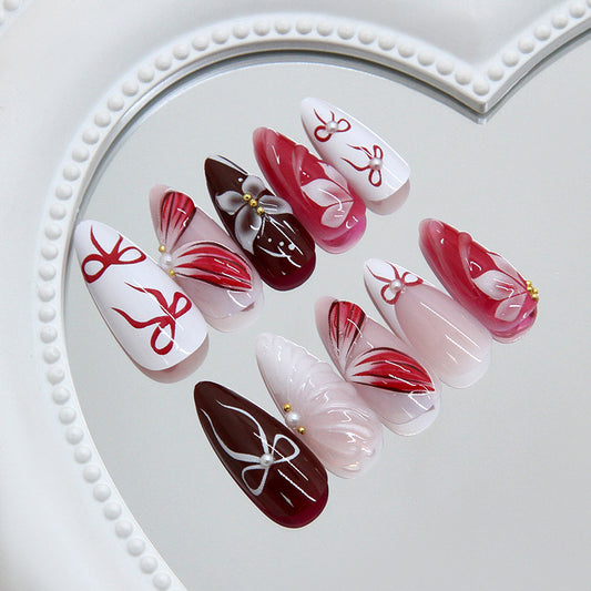 Romantic Elegance Long Almond Red and Pink Floral Press-On Nail Set with Artistic Design