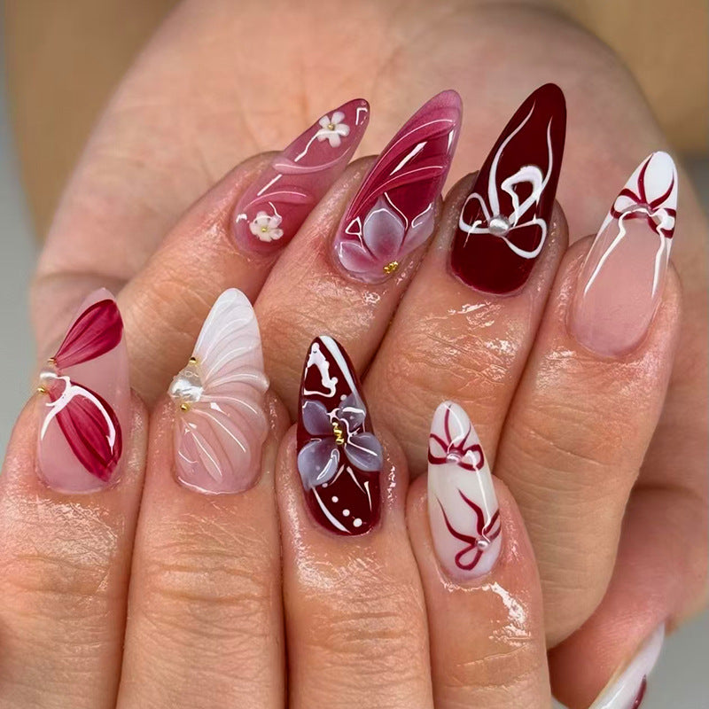 Floral Fantasy Long Almond Burgundy and Pink Gradient with Elegant Floral Accents Nail Set