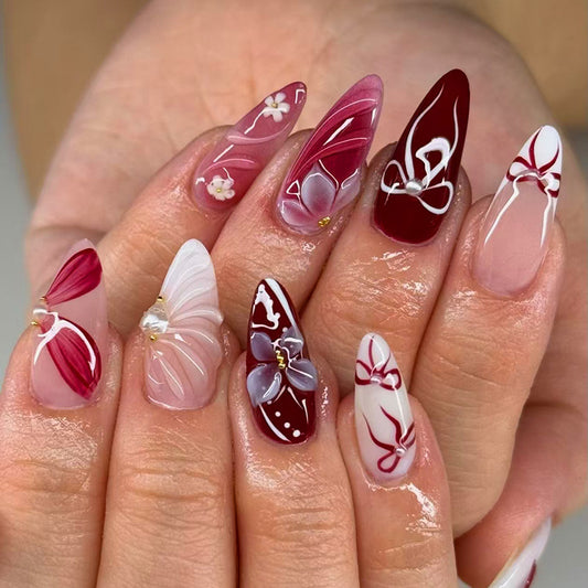 Floral Fantasy Long Almond Burgundy and Pink Gradient with Elegant Floral Accents Nail Set