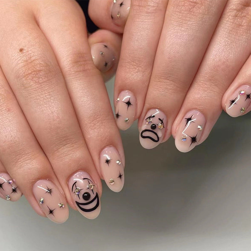 Boho Chic Medium Length Oval Beige Press On Nails with Starry Night Accents and Gemstones