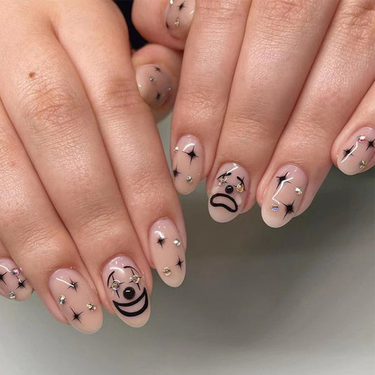 Boho Chic Medium Length Oval Beige Press On Nails with Starry Night Accents and Gemstones