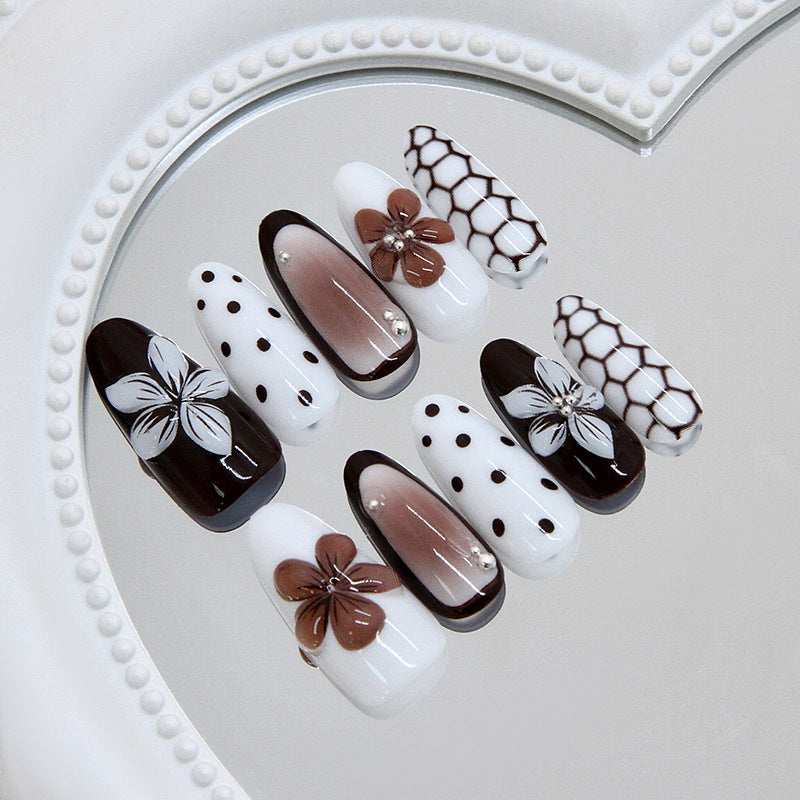 Elegant Garden Essence Long Almond White and Black with Floral Accents Press On Nail Set