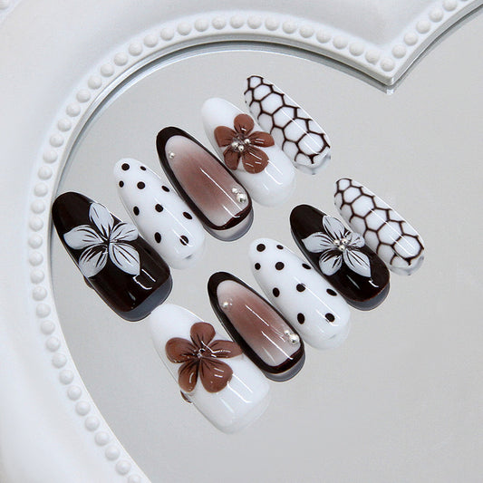 Elegant Garden Essence Long Almond White and Black with Floral Accents Press On Nail Set