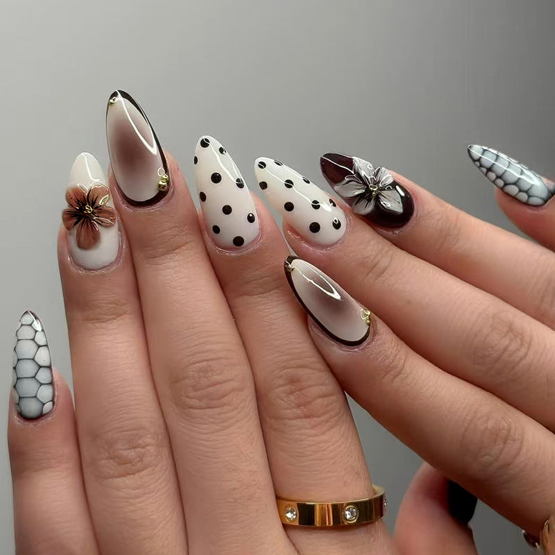 Floral Elegance Long Almond White and Black Press On Nail Set with Unique Floral and Polka Dot Design