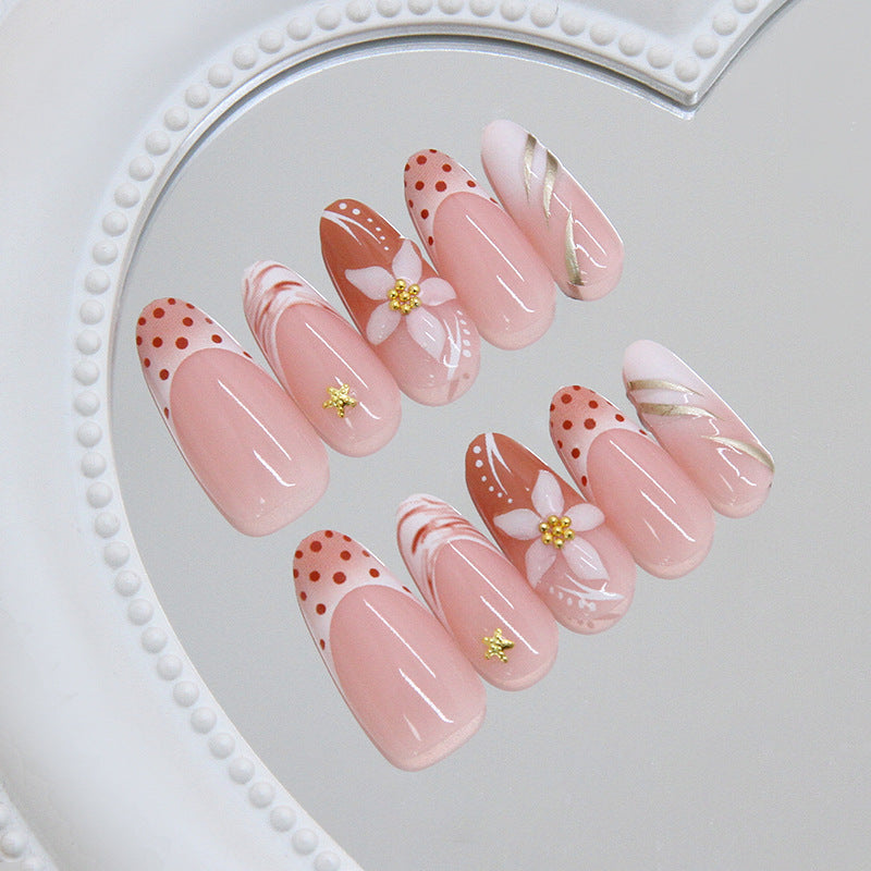 Blossoming Elegance Long Almond Pink Floral Nail Set with Gold Accents