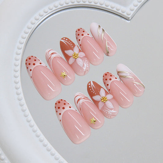 Blossoming Elegance Long Almond Pink Floral Nail Set with Gold Accents