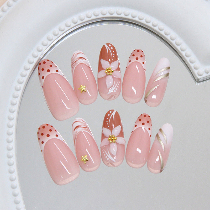 Charming Blossom Inspired Press On Nail Set Long Almond Shaped Soft Pink with Floral Design and Glitter Accents