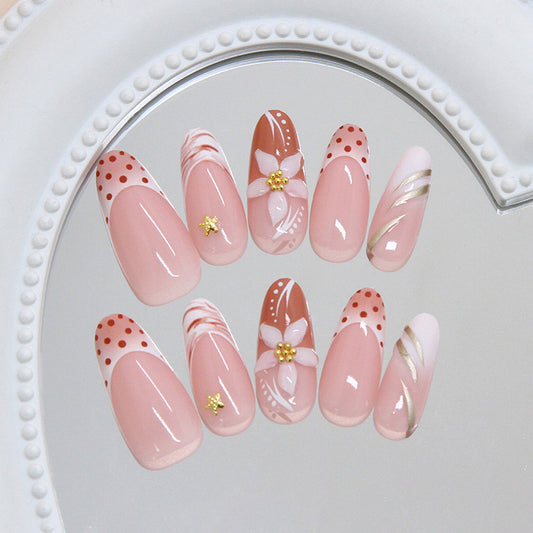 Charming Blossom Inspired Press On Nail Set Long Almond Shaped Soft Pink with Floral Design and Glitter Accents