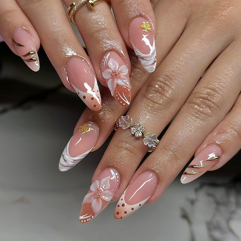 Elegant Floral Dream Long Almond Shape Soft Blush Pink with Artistic Flower Design Press On Nail Set
