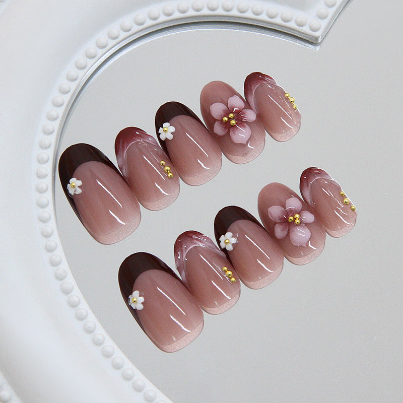 Blossoming Elegance Short Oval Pink Ombre Press On Nail Set with Floral Accents and Gold Details