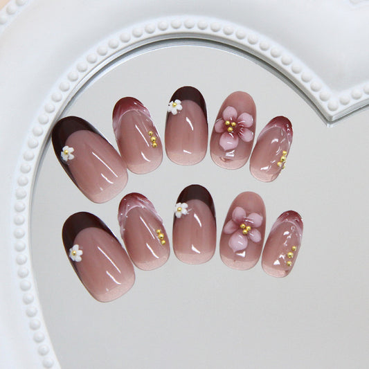 Blossom Elegance Short Oval Beige with Chocolate Tips and Floral Accents Press On Nail Set