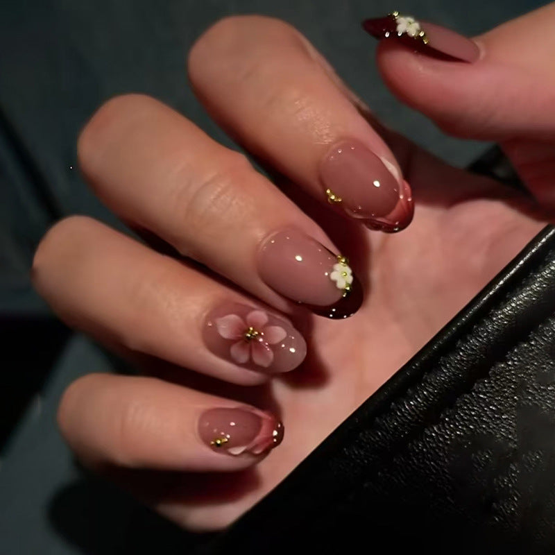 Blossom Dreams Short Oval Pink and Burgundy Press on Nail Set with Delicate Floral Accents