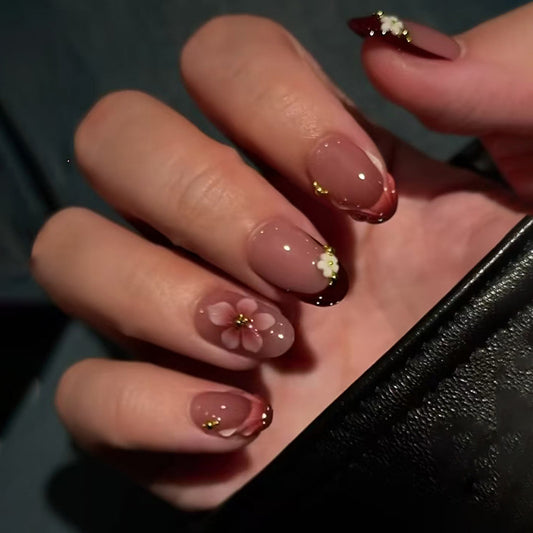 Blossom Dreams Short Oval Pink and Burgundy Press on Nail Set with Delicate Floral Accents