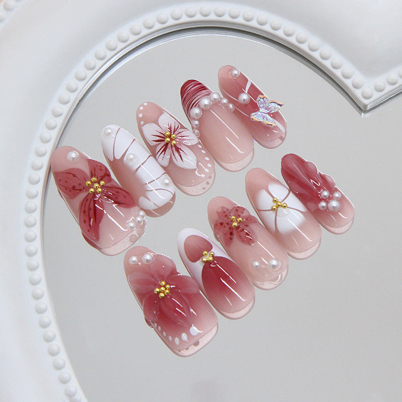 Enchanted Blossom Press-On Nail Set Long Oval Blush Pink with Floral Embellishments and Pearls