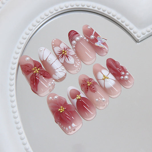 Enchanted Blossom Press-On Nail Set Long Oval Blush Pink with Floral Embellishments and Pearls