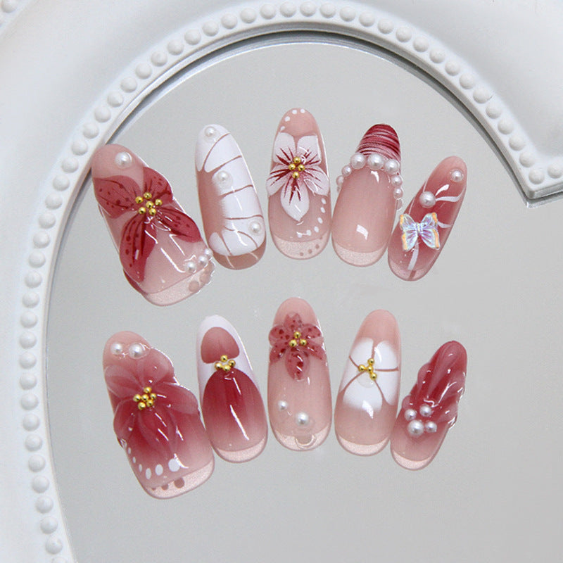 Romantic Blooms Long Almond Pink Nail Set with Floral Embellishments and Pearl Accents
