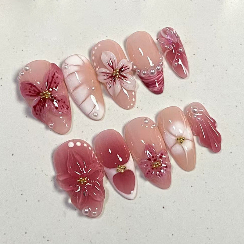 Blossoming Serenity Long Almond Pink Floral Press On Nail Set with Elegant Pearl Accents