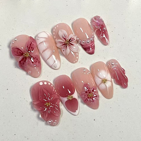 Blossoming Serenity Long Almond Pink Floral Press On Nail Set with Elegant Pearl Accents