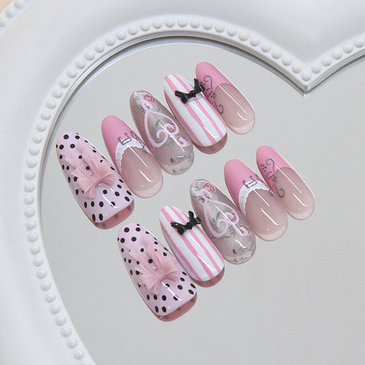 Chic Vintage Inspired Long Almond Pink Press On Nail Set with Adorable Bow and Polka Dot Design