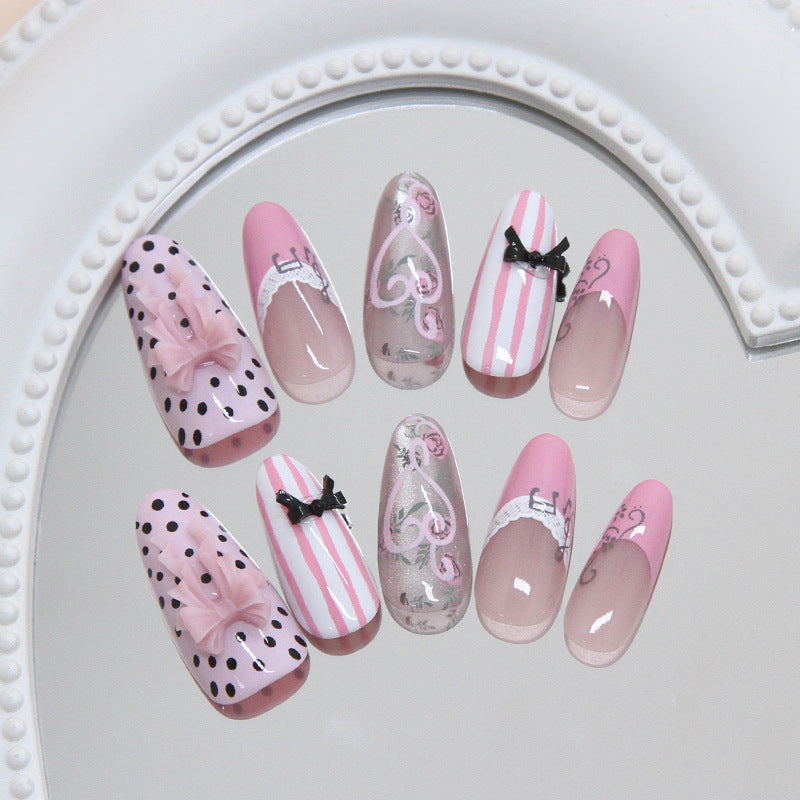 Darling Elegance Long Almond Pink and Clear Nail Set with Charming Bow Details