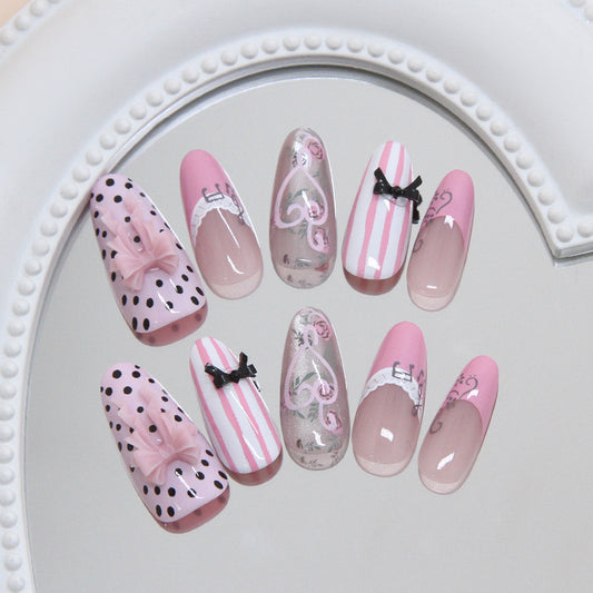 Darling Elegance Long Almond Pink and Clear Nail Set with Charming Bow Details