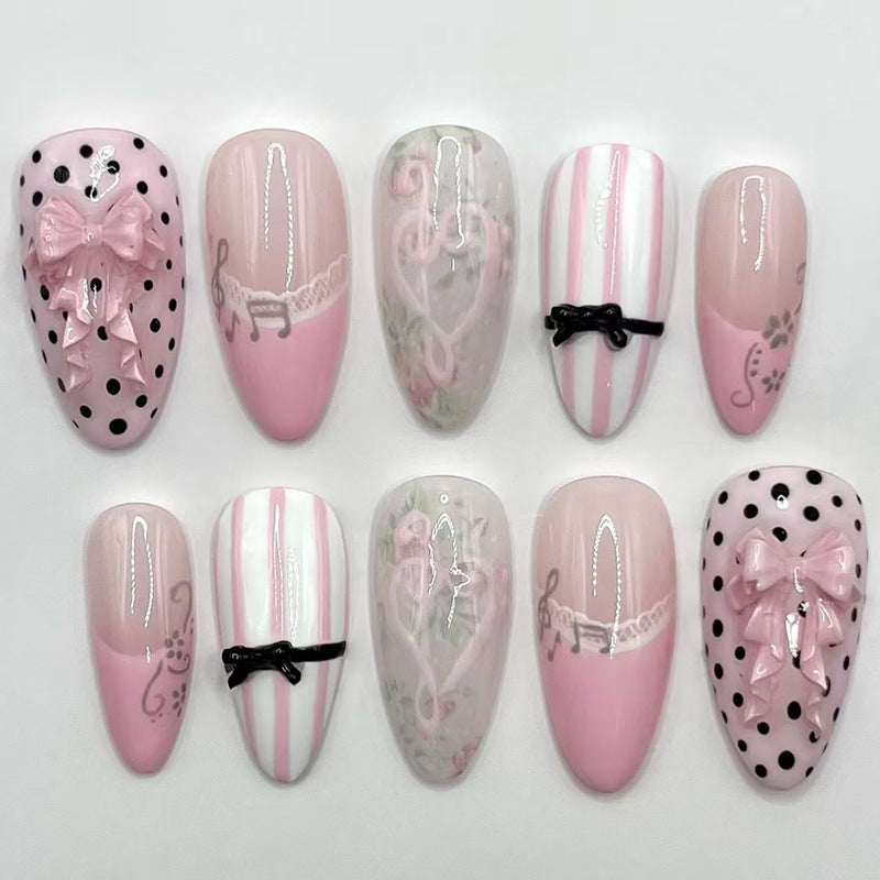 Charming Ballet Inspired Press On Nail Set Long Almond Shape Soft Pink Color with Elegant Bow Details