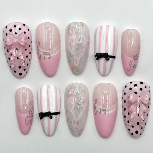 Charming Ballet Inspired Press On Nail Set Long Almond Shape Soft Pink Color with Elegant Bow Details