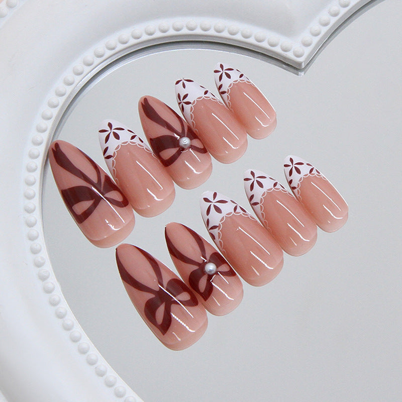 Whimsical Elegance Long Almond Beige with Brown Swirl and White Floral Accents Press on Nail Set