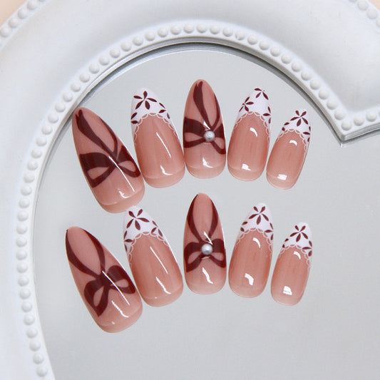 Elegant Floral Dream Long Almond Pink with Brown Accents and Pearl Detail Press On Nail Set