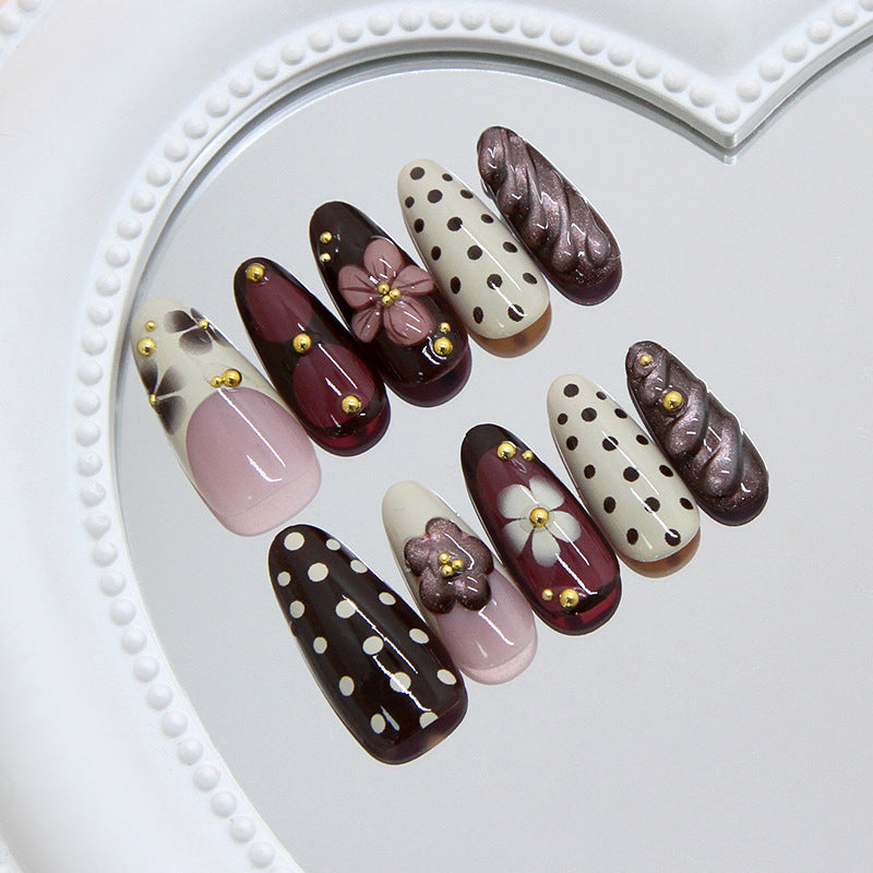 Chic Romance Long Almond Burgundy and Beige Nail Set with Floral and Polka Dot Accents