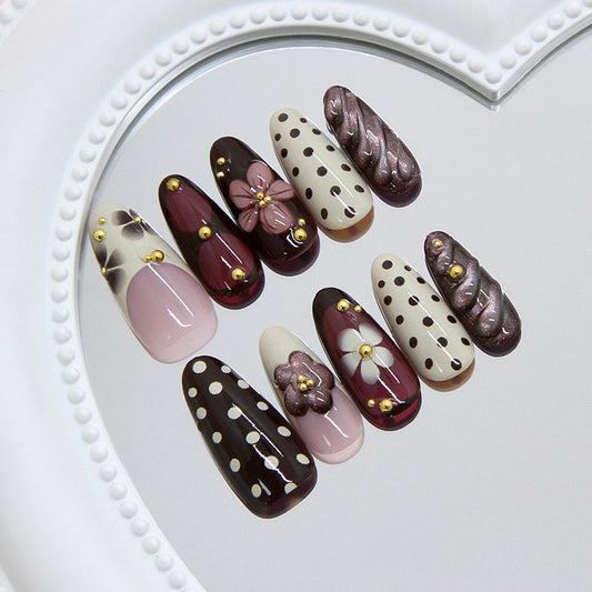 Chic Romance Long Almond Burgundy and Beige Nail Set with Floral and Polka Dot Accents