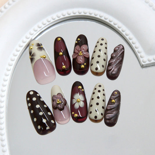 Chic Fall Elegance Long Almond Burgundy and Cream Floral Design with Gold Accents Press On Nail Set