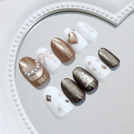 Glamorous Elegance Short Round Metallic Brown and White Press On Nail Set with Stunning Pearl Accents