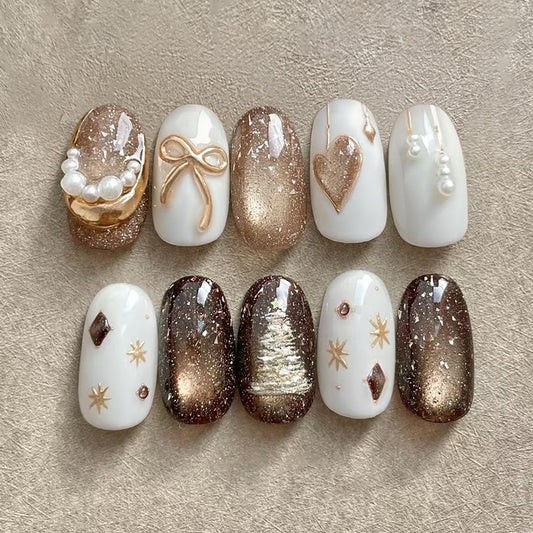 Elegant Celebration Short Round Shaped Brown and White Glittery Press On Nail Set with Unique Gold Accents