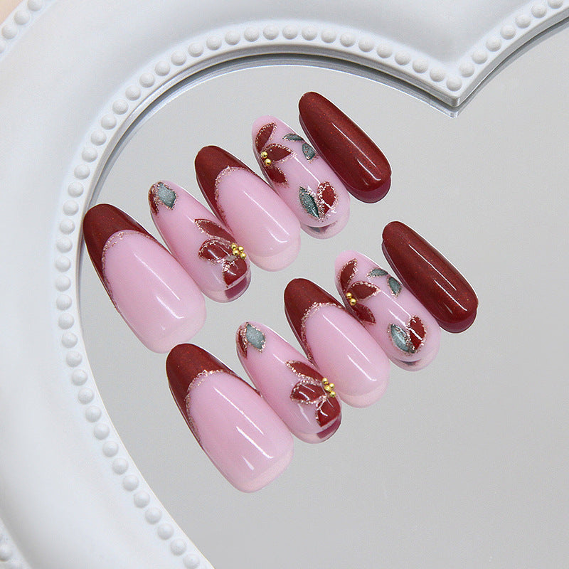Chic Serenity Long Almond Pink and Burgundy Gradient Press on Nail Set with Floral Accents