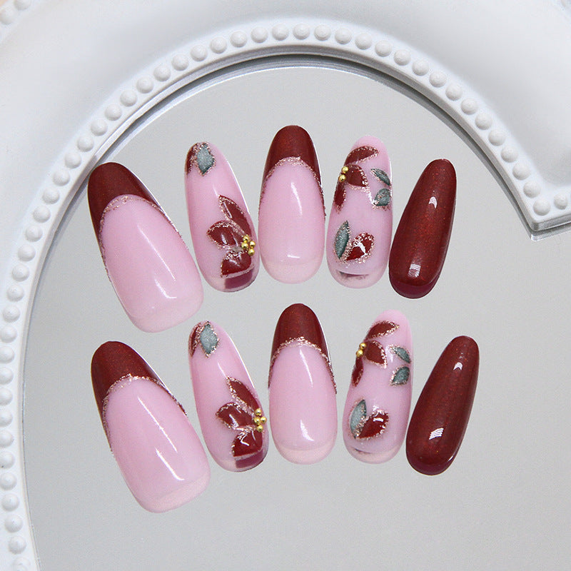 Blossom Elegance Long Almond Pink and Burgundy Press On Nail Set with Floral Accents