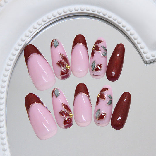 Blossom Elegance Long Almond Pink and Burgundy Press On Nail Set with Floral Accents