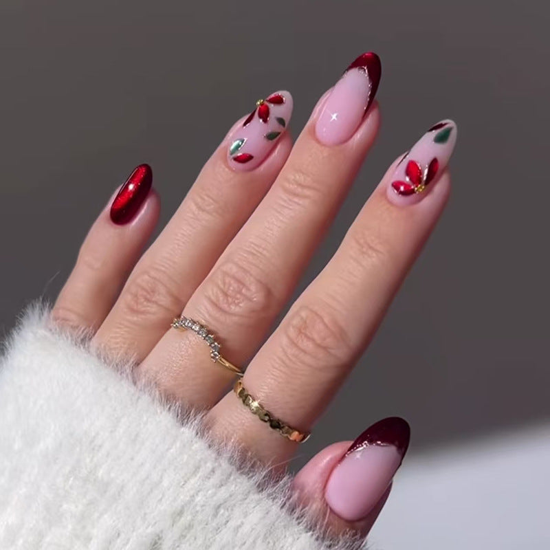 Charming Floral Elegance Long Almond Red and Pink Press On Nail Set with Unique Hand-Painted Designs