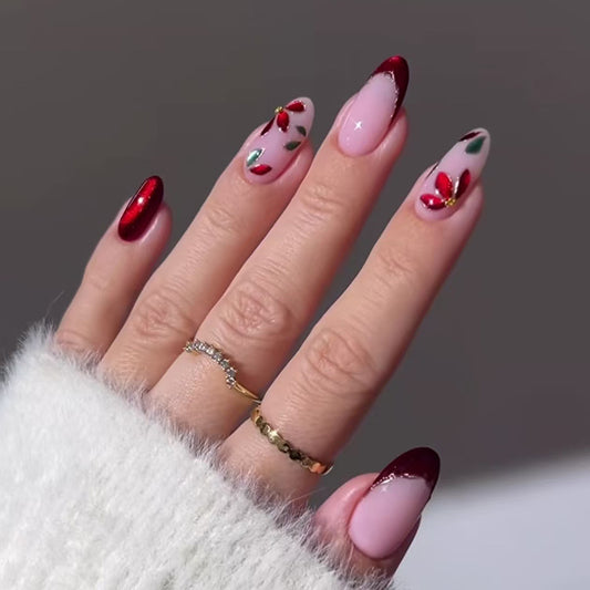 Charming Floral Elegance Long Almond Red and Pink Press On Nail Set with Unique Hand-Painted Designs