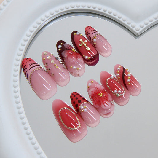 Romantic Floral Medium Almond Pink Press On Nail Set with Glimmering Pearl Accents
